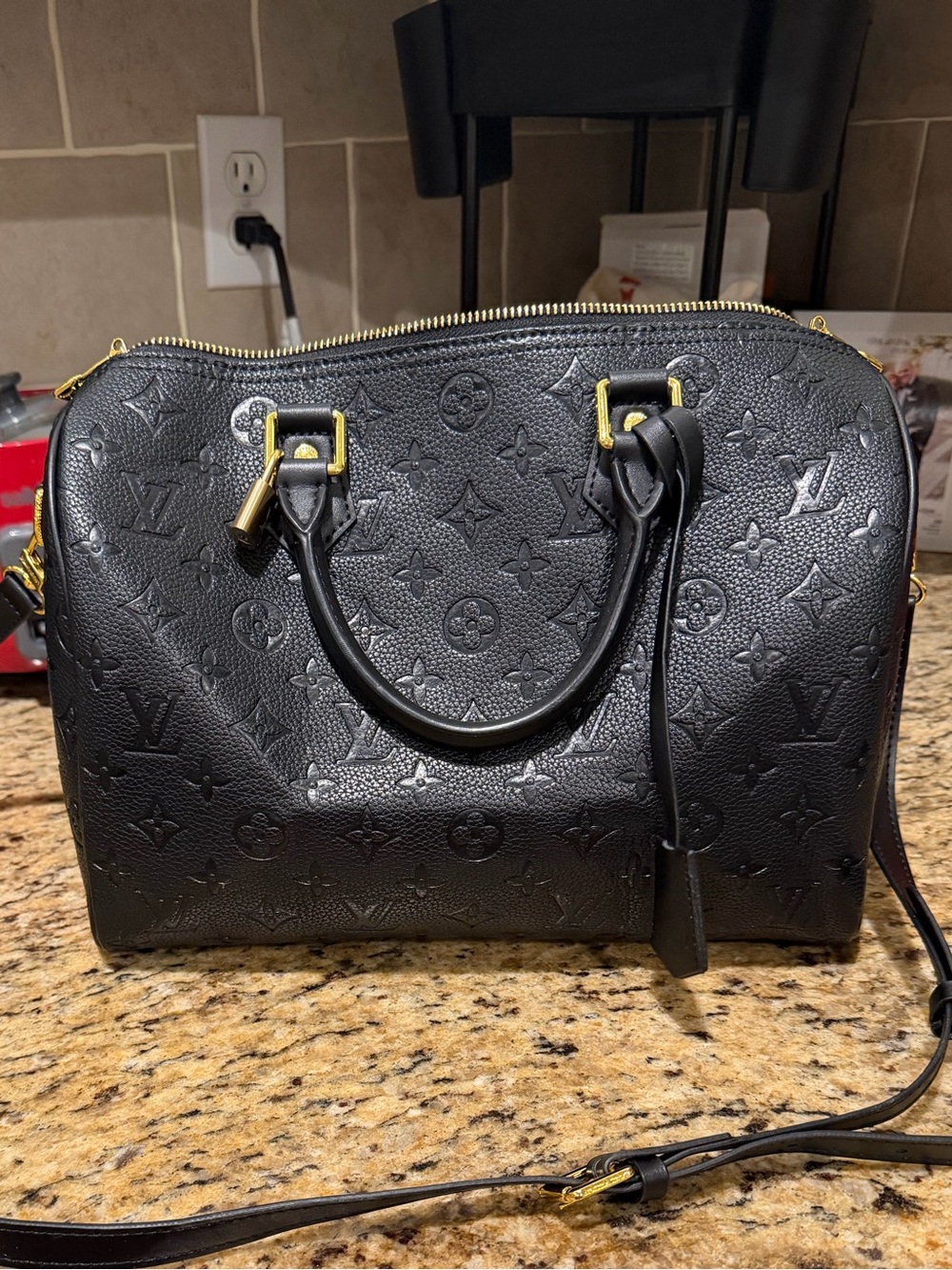 Black Monogram Embossed Leather Speedy-Style Satchel